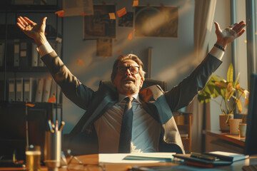 Poster - Successful happy businessman sitting in his office and raising his hands.