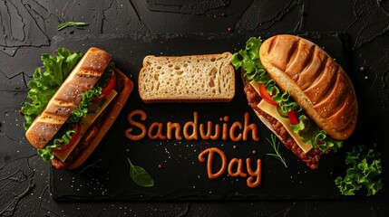 Two sandwiches, lettuce, tomato, and cheese on a black slate board