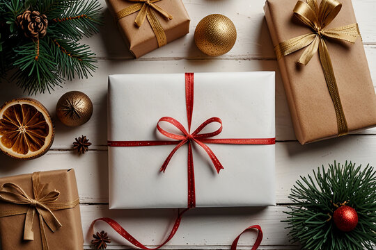 Festive Christmas and New Year background flat lay of holiday gifts on white, perfect for Xmas greeting cards and Noel themes.