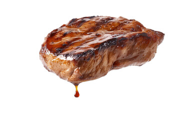 Wall Mural - Tasty pork steak with a coat of oily sauce, suspended in the air, isolated on a pristine white background, capturing the juicy essence