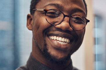 Poster - Office, architecture or black man in portrait with smile, confidence and happiness for professional career. Workplace, male architect and ideas for project management, construction and renovation job