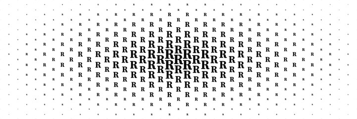 Poster - horizontal halftone of black capital letter r spreading from center for pattern and background.