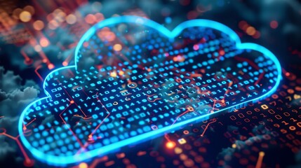 Poster - A glowing blue cloud symbol is shown over a background of binary code and digital circuits.