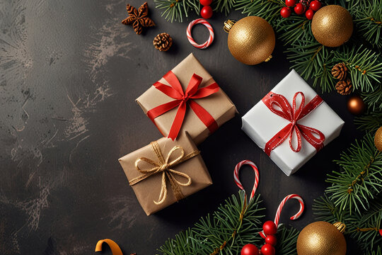 Festive Christmas and New Year background flat lay of holiday gifts on white, perfect for Xmas greeting cards and Noel themes.