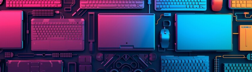 Wall Mural - colorful laptop keyboards and mouse flat lay - technology background design concept.