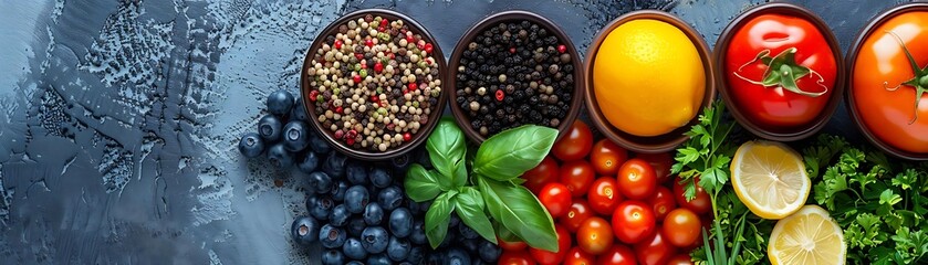 Sticker - Fresh Ingredients: A Vibrant Still Life Photography of Blueberries, Tomatoes, Lemon, Basil, and Peppercorns