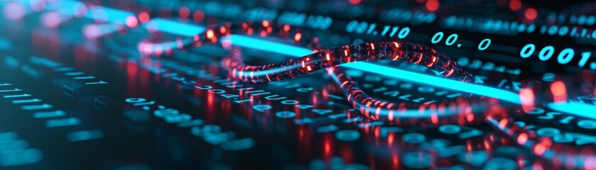 abstract digital data network - blue and red glowing lines and binary code on dark background - tech