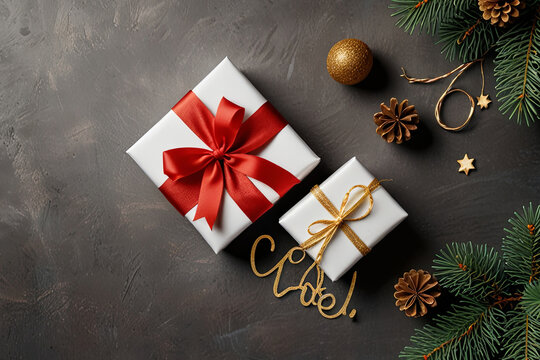 Festive Christmas and New Year background flat lay of holiday gifts on white, perfect for Xmas greeting cards and Noel themes.