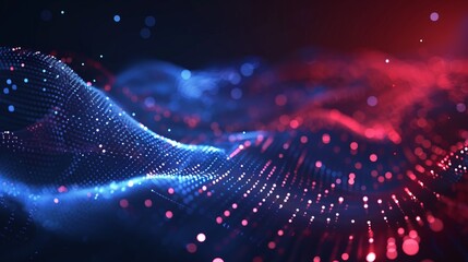 Poster - a background of digital particles in red and blue colors, forming the wave.