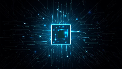 Poster - cpu processor or semiconductor on tech background.computer microchip on motherboard. brightly glowin