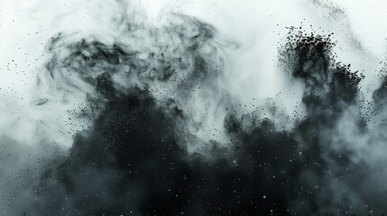 Floating black dust and powder scattered on white background.