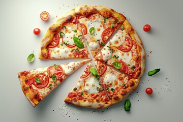 Poster - Freshly baked pizza slice with juicy tomatoes and fragrant basil leaves