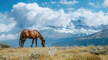 Poster - Horse eating grass with snowy mountain backdrop