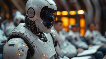 Poster - A close-up of a white robot in a futuristic setting with other robots sitting in the background.