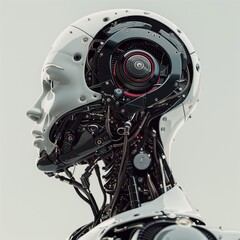 Futuristic AI Robot Head with Intricate Circuitry and Glowing Details, Gazing into the Future of Technology.