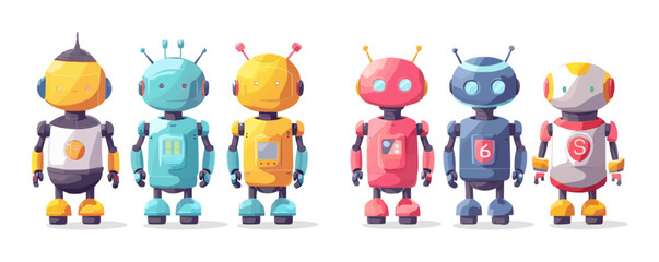 Wall Mural - A group of robots are standing in a row, with one of them wearing a red shirt that says 