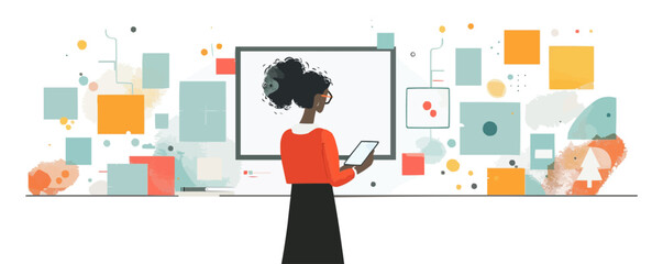 An instructional designer creating educational materials, using technology to enhance learning on a white background. Vector flat minimalistic isolated illustration.