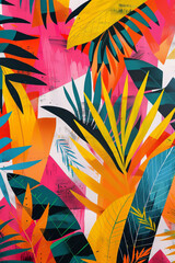 Canvas poster with geometric shapes in vibrant tropical hues, featuring lively patterns and dynamic designs in an exotic wallpaper style