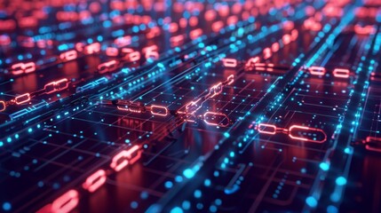 Poster - A digital network with glowing red and blue lights. The network appears to be made up of circuits and connections.