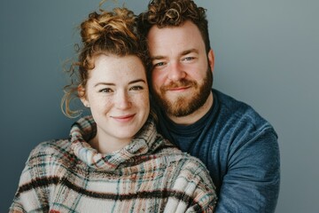 Wall Mural - Portrait of a glad caucasian couple in their 30s dressed in a comfy fleece pullover in solid color backdrop