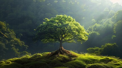 Wall Mural - Isolated tree in lush landscape