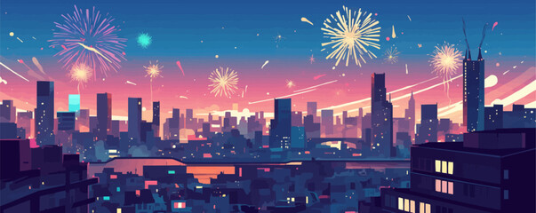 Wall Mural - Spectacular fireworks illuminating the cityscape. Vector flat minimalistic isolated illustration.