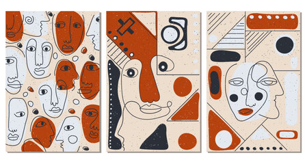 Poster - Set of hand drawn abstract faces in line art style, seamless pattern background, modern minimalism art, aesthetic contour.  Surreal and avant-garde paintings.