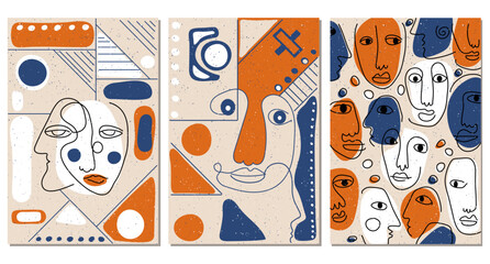 Poster - Set of hand drawn abstract faces in line art style, seamless pattern background, modern minimalism art, aesthetic contour.