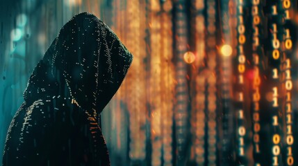 Fototapete - A person in a dark hooded jacket stands before a blurred background of binary code and lights.