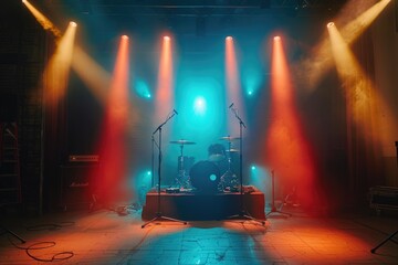 Poster - A stage with a drum set up in the middle, ideal for music performances and events