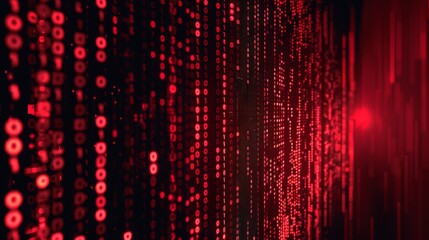 Fototapete - A close-up of a wall of red binary code, with a blurred background of red light.