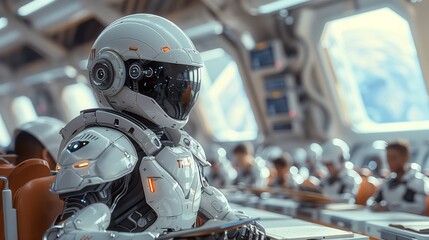 Poster - a white robot in a futuristic white suit and helmet sits in a spaceship classroom, surrounded by oth