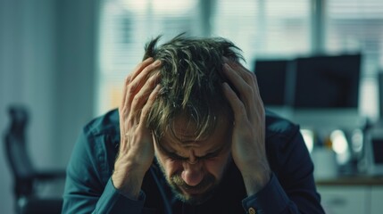 Wall Mural - person holding his head with his hands, showing a pained expression, with modern office in the background generative ai