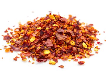 Poster - A pile of dried chili flakes sits on a clean white surface, ready for use in cooking