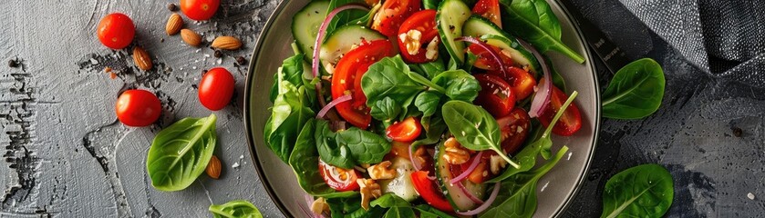 Wall Mural - Fresh vegetable salad with tomatoes, spinach, cucumbers, and onions on a grey background, healthy and colorful dish for a nutritious meal.