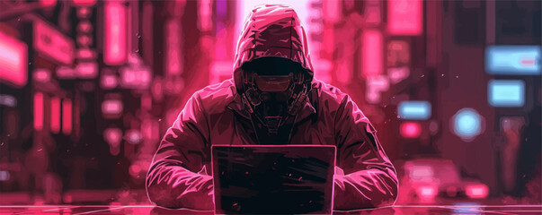 acker with hidden face, working on laptop cyberpunk. vector simple illustration