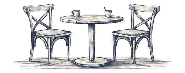 A table with two chairs and two cups. The table is round and has a wooden top. The chairs are wooden and have a cross design. The cups are placed on the table, one on the left side