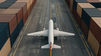 Aircraft taking off over container yard, intense perspective, firecore theme, photorealistic scenery