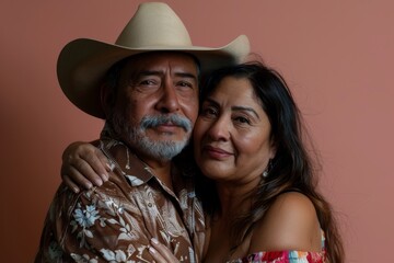 Sticker - Portrait of a blissful latino couple in their 50s wearing a rugged cowboy hat isolated in solid color backdrop