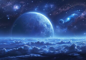 A blue planet with two moons in space, a black background of stars and planets in the sky, sci-fi style, digital art, neon effects, dark blue and silver tones, other worlds in distant orbits, planets 