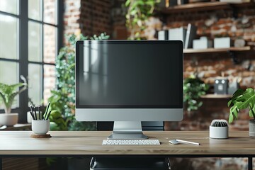 Wall Mural - A computer monitor sitting on top of a wooden desk