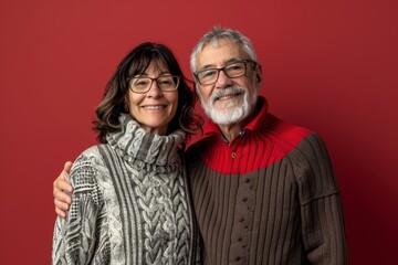 Canvas Print - Portrait of a jovial multicultural couple in their 60s wearing a cozy sweater while standing against solid color backdrop