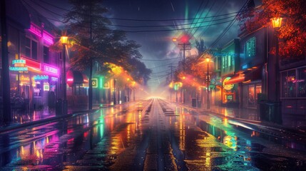 Wall Mural - The light of neon lights on a dark city street is reflected in puddles and water. Night view of neon lights reflected in puddles and water.