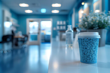  modern medical office with a blurred background and space for text, a blue color scheme with soft lighting creates a calm, professional and welcoming environment for patients