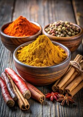 Sticker - Colorful spices in bowls on a rustic wooden table.