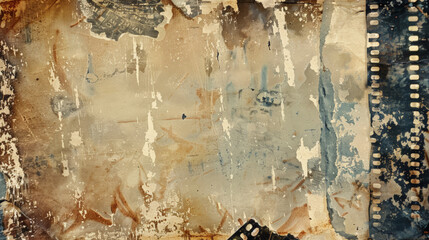 Grunge background of an old, torn-up movie poster with frayed edges, stains, and faded colors.