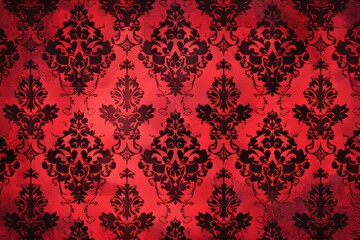 Wall Mural - Vintage flock wallpaper with damask design in red on a white background