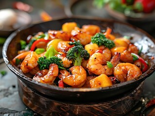 Poster - Delicious Shrimp Stir-Fry with Broccoli and Bell Peppers - Food Photography