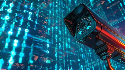 Poster - A security camera with a red lens is positioned against a backdrop of blue binary code. The camera is pointed directly at the viewer, creating a sense of surveillance and technological advancement.