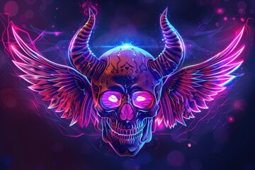 Poster - A demonic skull with horns and wings on a dark background, suitable for use in horror-themed designs or illustrations